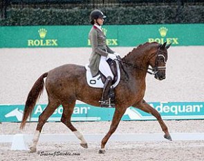 Heather Blitz and Praestemarkens Quatero perform their Inter I Freestyle in the pouring rain at the 2017 CDI Tryon :: Photo © Sue Stickle