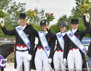 Team Denmark wins the 2017 CDIO Uggerhalne: Daniel Bachmann Andersen, Anna Kasprzak, Charlotte Heering, Agnete Kirk Thinggaard on the podium :: Photo © Ridehesten