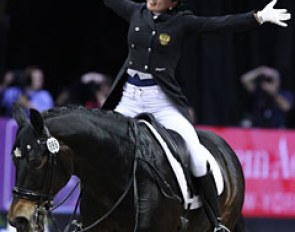 Russian Inessa Merkulova celebrates her fourth World Cup Finals' ride on Mister X