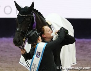 Isabell Werth serves champagne to her groom Steffi Weigard