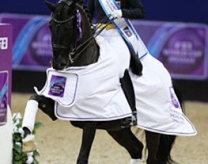 Weihegold too hot to trot in the Grand Prix prize giving ceremony at the 2017 World Cup Finals :: Photo © Astrid Appels