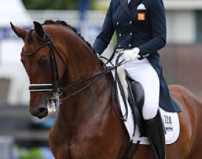 Mara de Vries on the Dutch mare Farzana G (by Ampere x Florencio). In trot she has much power and balance and in canter she showed almost too much collection. The extended walk was good, the collected tense