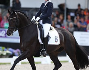 A lovely pair: Nadine Husenbeth and the Hanoverian mare Faviola (by Foundation x Weltmeyer). Very obedient and light in the contact, Faviola has a cadenced trot but overall could be more uphill oriented