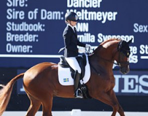 Swedish Isa-Linn Lundholm on Jan Brink's Swedish stallion Dragon Welt (by Dancier x Weltmeyer). A super cadenced trot and a well controlled canter made them score 8.72 points