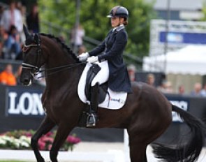 Lynne Maas on J. Borneman's Dutch warmblood Fantastique (by Vivaldi x Florencio). The old fashioned and heavy set, tall mare has a powerful but rather slow hind leg but she did her best for her rider