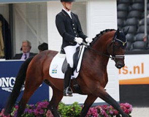 Philipp Ruwe on the Swedish bred and owned Touchdown (by Quaterback x Sack). Beautifully presented in a soft and harmonious way, the trot was well balanced but the canter could be more uphill