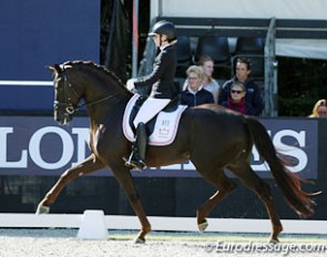 Seline Solberg Vittinghus and Atterupgaards Botticelli (by Benetton Dream x Caprimond). The liver chestnut stalion is a very gifted mover, but went wide behind and dropped the poll. He was not through the back today