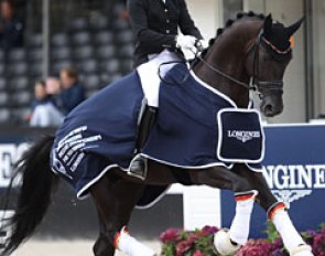 Ann-Christin Wienkamp and Don Martillo win the 5-year old preliminary test at the 2017 World Young Horse Championships :: Photo © Astrid Appels