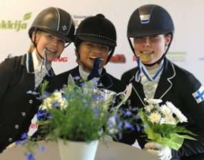 The pony medalists Jenni Silventoinen, Amudha Huttunen, Eveliina Havinen at the 2017 Finnish Dressage Championships :: Photo © Sonja Holma
