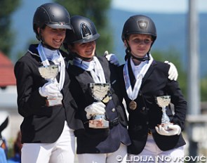 The Children's podium at the 2017 Balkan Dressage Championships: Eirini Dimitrijevic, Maria Eleni Tourkomani,  Ivet Georgieva :: Photo © Lidija Novković