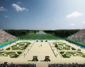 A virtual render of the equestrian arena in the park of Versailles palace