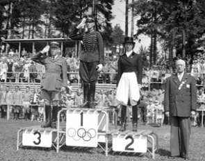﻿The 1952 Olympic individual dressage podium in Helsinki: André Jousseaume (FRA), Henri St-Cyr (SWE), Lis Hartel (DEN)