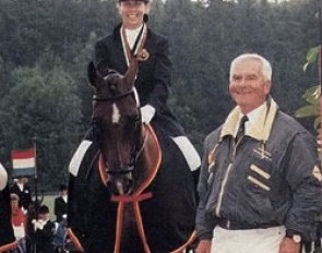 Veronique Wuydts on Emmaly with Belgian chef d'equipe Jan Meersmans on her side at the 1995 European Pony Championships in Achselschwang, Germany
