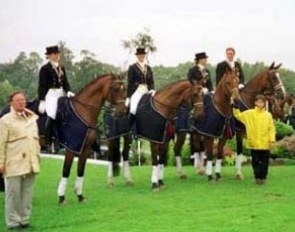 Ona de Wagenaere with Apollo, Dorothy Raemdonck with Mozart, Vicky Smits on Ilias (normally riding stallion Illuster), Frederik van de Keere on Heraldo