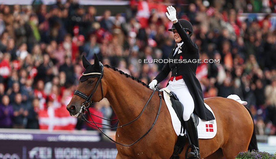 Cathrine Dufour rides the Grand Prix high score of the day and puts Denmark on the gold step of the podium at the 2022 World Championships Dressage :: Photo © Astrid Appels