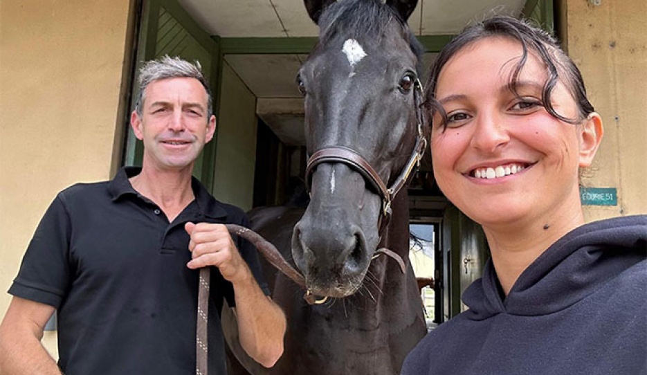 Trainer Sébastien Goyheneix, Zeus de Malleret and French para dressage rider Chiara Zenati who became the 2023 European Reserve Para Champion in Grade III