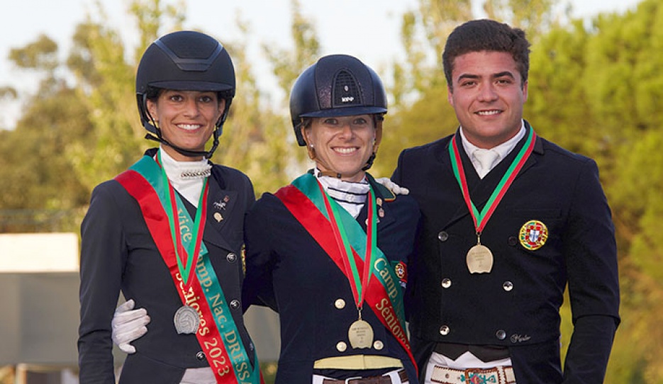 Rita Ralao Duarte, Maria Caetano and Martim Meneres on the podium at the 2023 Portuguese Dressage Championships :: Photo © Rui Pedro Godinho