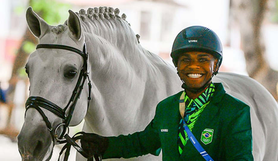 Brazil's Renderson Oliveira with Fogoso Campline in the horse inspection for the 2023 Pan American Games :: Photo © FEI