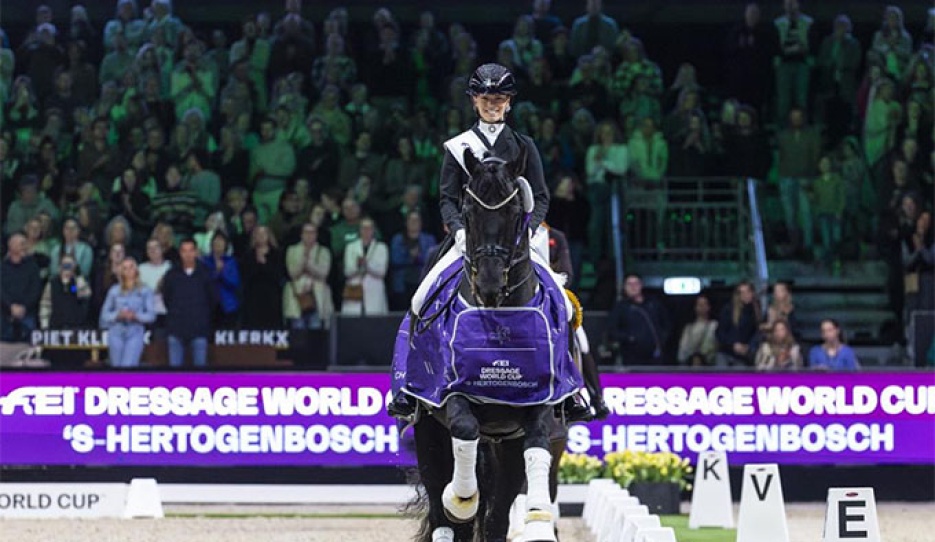 Charlotte Fry and Glamourdale in the lap of honour for the freestyle at the 2025 CDI-W 's Hertogenbosch :: Photo © Digishots