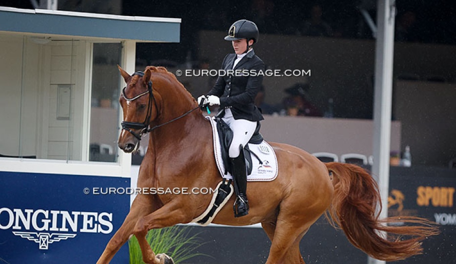 Jennifer Stein on Bernadette Brune's Enrico de Hus at the 2024 World Young Horse Championships :: Photo © Astrid Appel