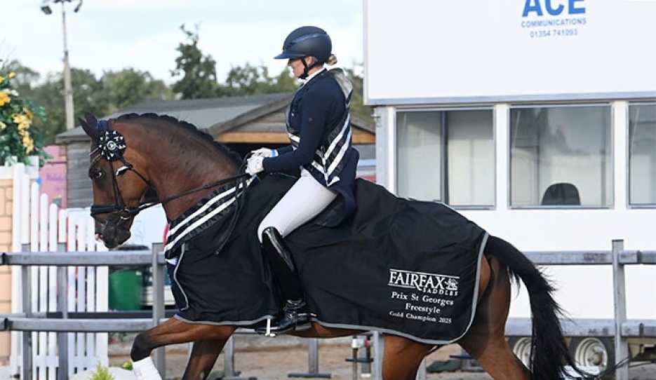 Sarah Higgins and the Chinese owned Geniaal win the PSG titles at the 2025 British Dressage Championships :: Photos © Kevin Sparrow