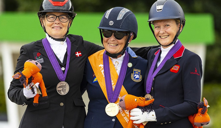 Pia Wulff Jelstrup, Louise Etzner Jakobsson, Nicola Naylor on the podium at the 2025 European Para Dressage Championships :: Photo © Silke Rottermann