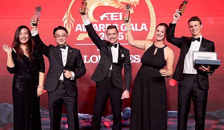 FEI Awards 2025 winners (L-R) Sophia Shen and Mr Lin Lu, from Beat as One (CHN), Justin Verboomen (BEL), Sanne Melsen (BEL) and Tom Wachman (IRL) :: Photo © FEI / Liz Gregg