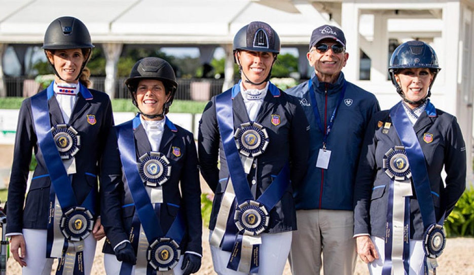 From L to R: Marie Vonderheyden, Hannah Kingsley, Kate Shoemaker, USA Para Dressage Chef d'Equipe Michel Assouline, and Cindy Screnci :: Photo © Devyn Ivy