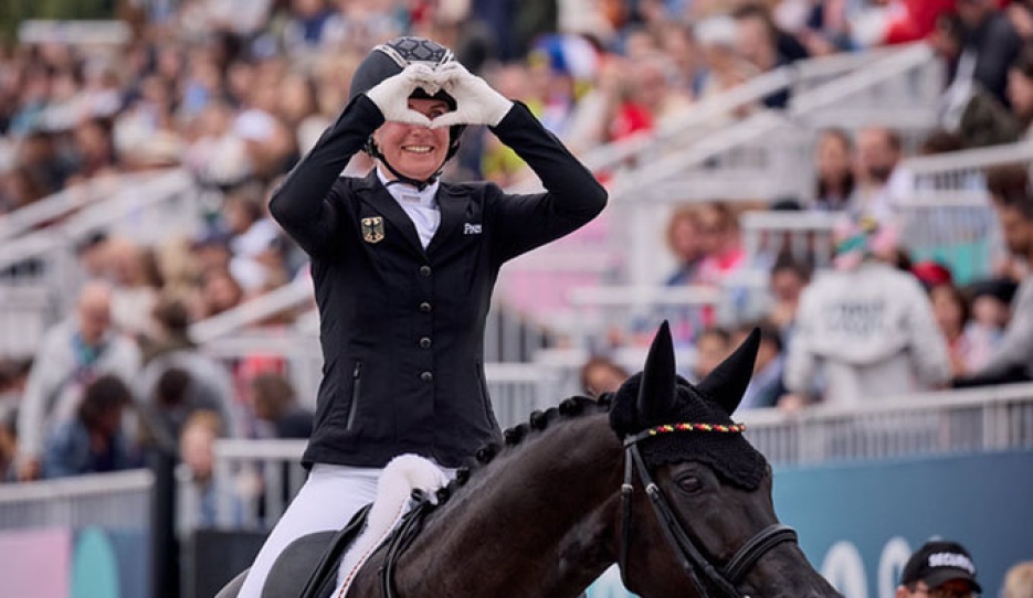 Anna-Lena Niehues (GER) is pictured after competing with Quimbaya NRW in the Individual Freestyle Grade IV at the Paris 2024 Paralympic Games on 7 September 2024 :: Photo © FEI/Liz Gregg
