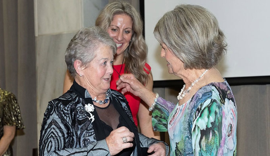 Sue Hobson with Board Chair Lynda Clark when Hobson was named ESNZ Honorary Life Member in 2025 :: Photo © ESNZ