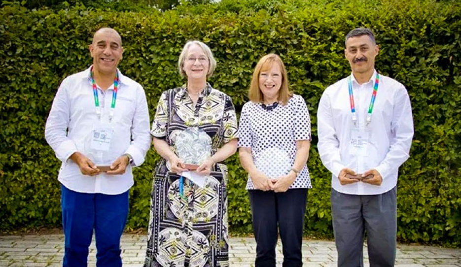 The 2026 IPC Classification Recognition Award was presented to Sharyn Gregory on 17 July at the annual IPC Classifier Meeting in Bonn (GER). Pictured (from left): Mohammed Amine Khelladi, Penny Broomhead, Sharyn Gregory, and Spridron Stavrou, recipients of this year’s Classification Recognition Awards:: Photo ©  IPC