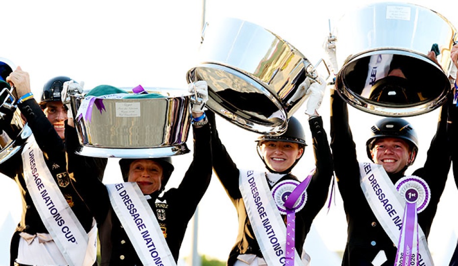 Germany lifting the heavy silver trophies for winning the FEI Nations Cup at the 2026 CDIO Hagen :: Photo © Astrid Appels