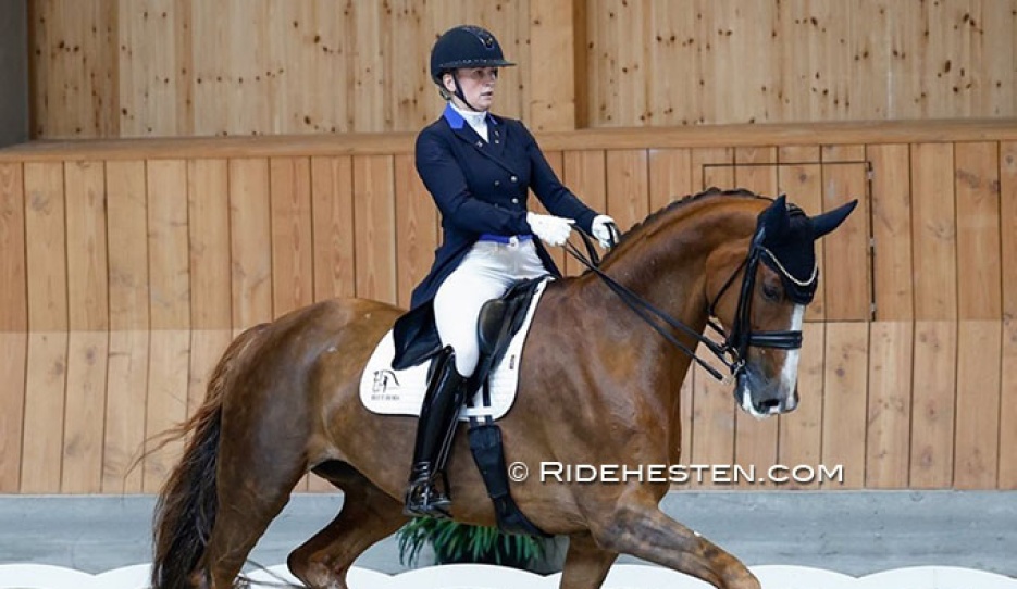 Nanna Skodborg Merrald on Bonsai, winners of the 7-year old division, at the 2026 Danish Young Horse Championships which were held last year in Martofte :: Photo © Ridehesten