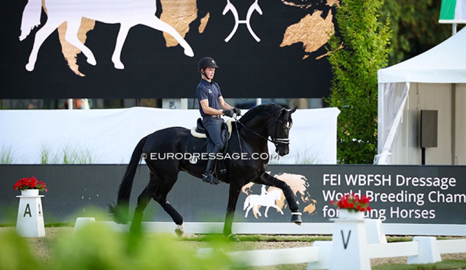 Jacob Schenk and Lindenberg schooling at the 2026 World Young Horse Championships :: Photo © Astrid Appels