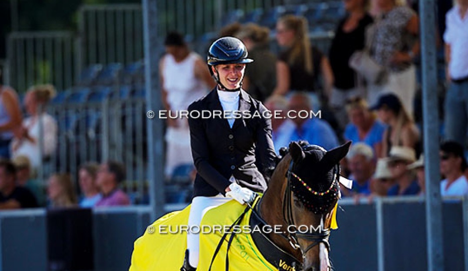 Kira Laura Soddemann and Einfach Imposant B win the 5-year old title at the 2026 World Young Horse Championships :: Photo © Astrid Appels