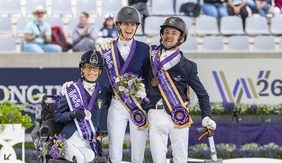 Kur Grade I podium: Morganti, Vonderheyden, Snikus at the 2026 World Para Dressage Championships :: Photo © Digishots