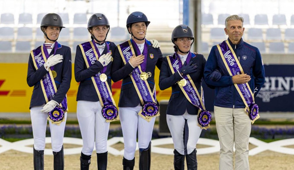 Team USA, FEI Para Dressage Team World champions at Aachen 2026: Vonderheyden, Howard, Shoemaker, Hart and chef d'equipe Michel Assouline :: Photo © FEI / Leanjo de Koster