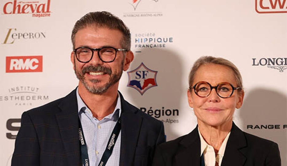 Rodolpho Riskalla and Sylvie Robert at the 2026 CDI-W Lyon where the press conference was held to announce the Para Dressage World Cup Final in Fontainebleau