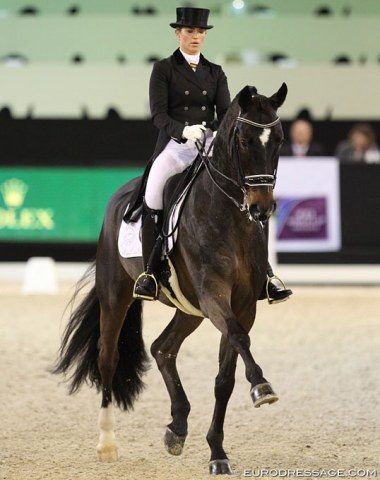 Morgan Barbançon Mestre on Sir Donnerhall II OLD. They showed nice trot half passes and a ground covering zig zag, but in passage the stallion hollows his back and the tempi changes could be straighter in the body.