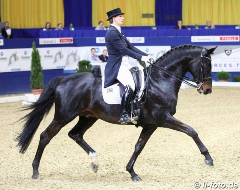 Anabel Balkenhol on Heuberger TSF. Nice half passes and a good silhouette in piaffe, but the transitions in and out were difficult today. The rider was very unsteady in the saddle and with her hands on the final centerline. The uphill tempi changes were a highlight