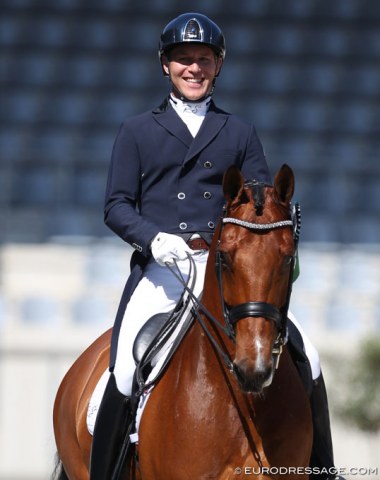 Seth Boschman was visibly pleased with his sixth place on Bono. The passage had lovely suspension and the pirouettes were good but the OO Seven x Jazz offspring is still small in piaffe. 