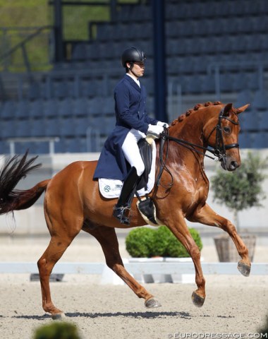 Japanese Kazuki Sado has found a real match in Barolo (by Breitling x Hitchcock). The horse has beenbeautifully trained to Grand Prix level by Charlotte Dujardin and its impeccable schooling pays off: The horse is an ideal ride for Sado, who visually makes a lovely combination with this 12-year old chestnut Hanoverian.