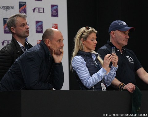 Team Blue Hors: Ulrik Sorensen (sport director), Lars Petersen (trainer), Tiril Bachmann (Daniel's wife) and Robbie Sanderson (groom)
