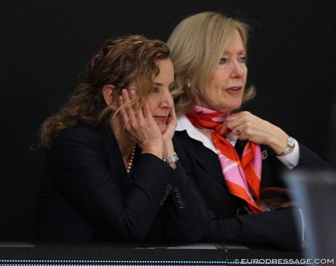 FEI power ladies Sabrina Ibanez (secretary general) and Grania Willis (head of Pr) watch the Grand Prix