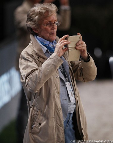 Isabell Werth's long-time sponsor Madeleine Winter-Schulze capturing the prize giving with her iPhone