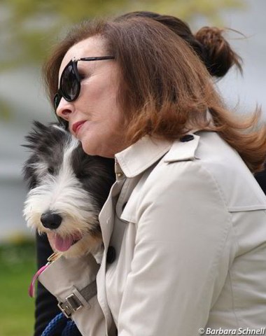 Carol Oatley cuddling with Lyndal's new dog Charlie