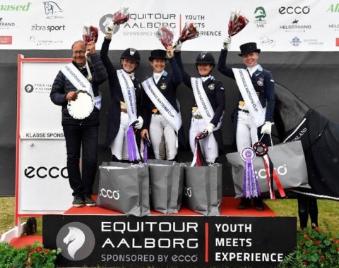 Team Sweden wins the Nations Cup at the 2018 CDIO Uggerhalne: Bo Jena, Jeanna Hogberg, Tinne Vilhelmson, Paulinda Friberg, Therese Nilshagen