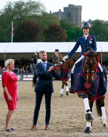 Sponsor Al Shira'aa representatives Kate Moisson and Thomas O'Brien with winner Charlotte Dujardin