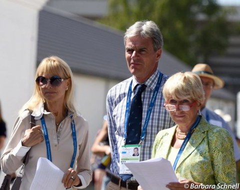 Judges Anne Gribbons and Katrina Wüst at the horse inspection with Dr Friedrich Wilhelm Hanbücken, a renowned local vet who is the residing vet at the trot-up & president of the veterinary commission at the CHIO.