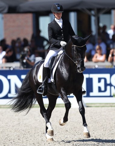 Swedish Pernille Andre Hokfelt on the Oldenburg bred Total Hope (by Totilas out of Weihegold). They won the consolation finals and placed ninth. Total Hope had nice bounce in trot and was very engaged in canter, but the collected walk was difficult for the black stallion.